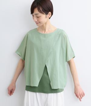 コットン異素材使いレイヤードブラウス(グリーン×グリーン-M)