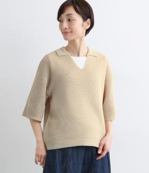 リネンライク　ポロカラーセーター(ライトベージュ-M)