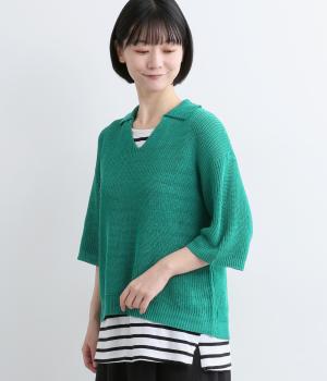 リネンライク　ポロカラーセーター(エメラルドグリーン-M)