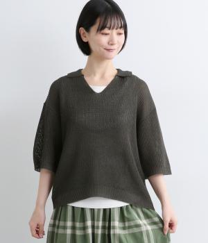 リネンライク　ポロカラーセーター(チャコール-M)