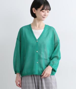 リネンライク　Vネックワイドカーディガン(エメラルドグリーン-M)