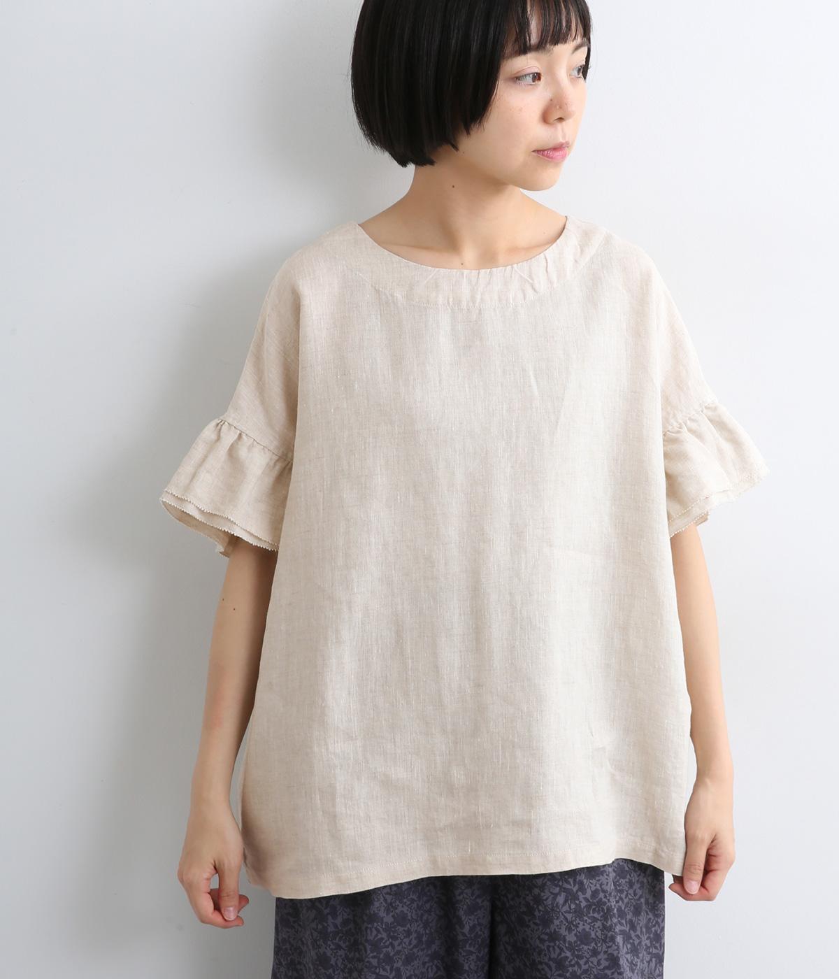 リネンギャザーフリル袖ワイドブラウス(リネンベージュ-M)