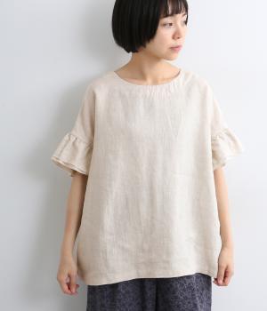 リネンギャザーフリル袖ワイドブラウス(リネンベージュ-M)