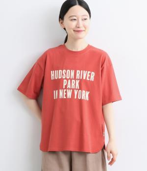 ラフィ天竺　ロゴプリントオーバーサイズTシャツ(レッド-M)