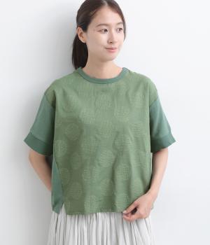 ラフィ天竺異素材コンビ　ドルマンTシャツ(グリーン-M)