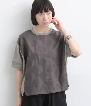 ラフィ天竺異素材コンビ　ドルマンTシャツ(グレー-M)