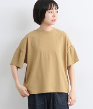 ラフィ天竺　ギャザースリーブTシャツ(ベージュ-M)