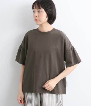 ラフィ天竺　ギャザースリーブTシャツ(スミクロ-M)