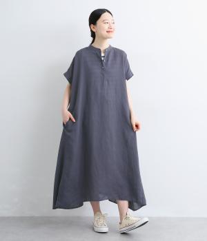 セルロースリネン　フレンチスリーブワンピース(ネイビー-M)