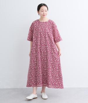 コットンボイル　Aラインワンピース(ピンクプリント-M)