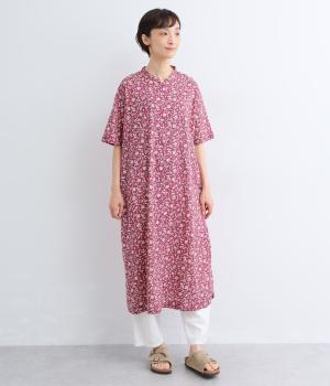 コットンボイル　バンドカラーワンピース(ピンクプリント-M)