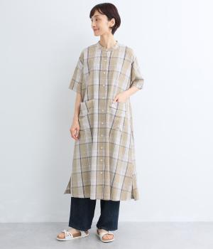 インドコットンチェック　シャツワンピース(ベージュ-M)