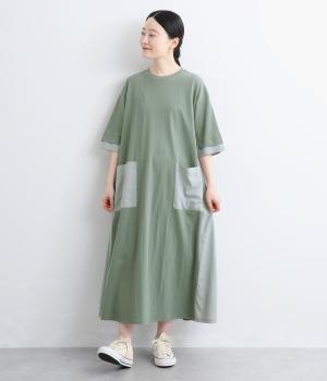 接触冷感天竺　異素材切替ワンピース(セージ-M)