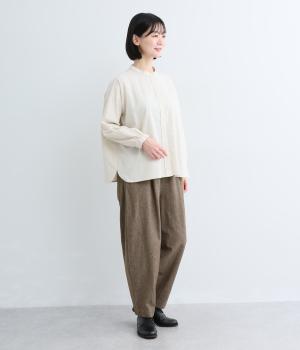 コットンリネンミニヘリンボーンバレルパンツ(ブラウン-M)