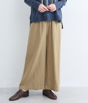 コットンリネンツイルウエストゴムワイドパンツ(ベージュ-M)