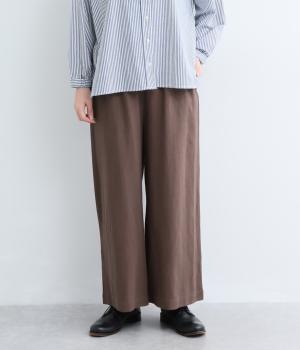 コットンリネンツイルウエストゴムワイドパンツ(ブラウン-M)