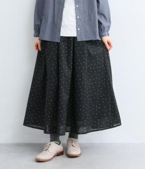 コットンリネンドット柄ウエストゴムスカート裏地付き(ブラック-M)