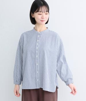 ソフトポプリン 多ボタン使いボリューム袖ブラウス(ブルーストライプ-M)