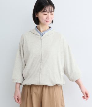 ミニ裏毛 7分袖フーデッドZIPパーカー(杢グレー-M)