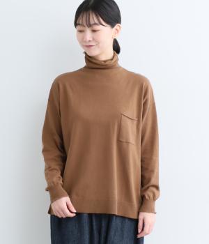 ポケット付きオフタートルワイドセーター(ブラウン-M)