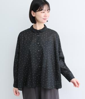 コットンリネンドット柄チビ襟オーバーサイズブラウス(ブラック-M)