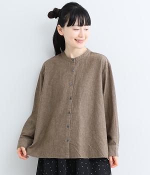 コットンリネンミニヘリンボーンバンドカラーブラウス(ブラウン-M)