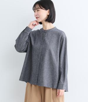 コットンリネンミニヘリンボーンバンドカラーブラウス(チャコール-M)
