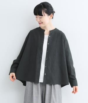 コットンリネンミニヘリンボーンバンドカラーブラウス(ブラック-M)