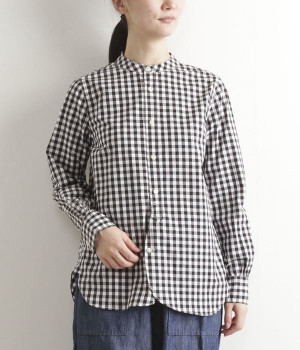 タイプライターラウンドヘムスタンドカラー長袖シャツ(ビッグブラックギンガム-ONESIZE)