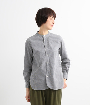 タイプライターラウンドヘムスタンドカラー長袖シャツ(スモールブラックギンガム-ONESIZE)