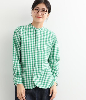 タイプライターラウンドヘムスタンドカラー長袖シャツ(グリーンギンガム-ONESIZE)