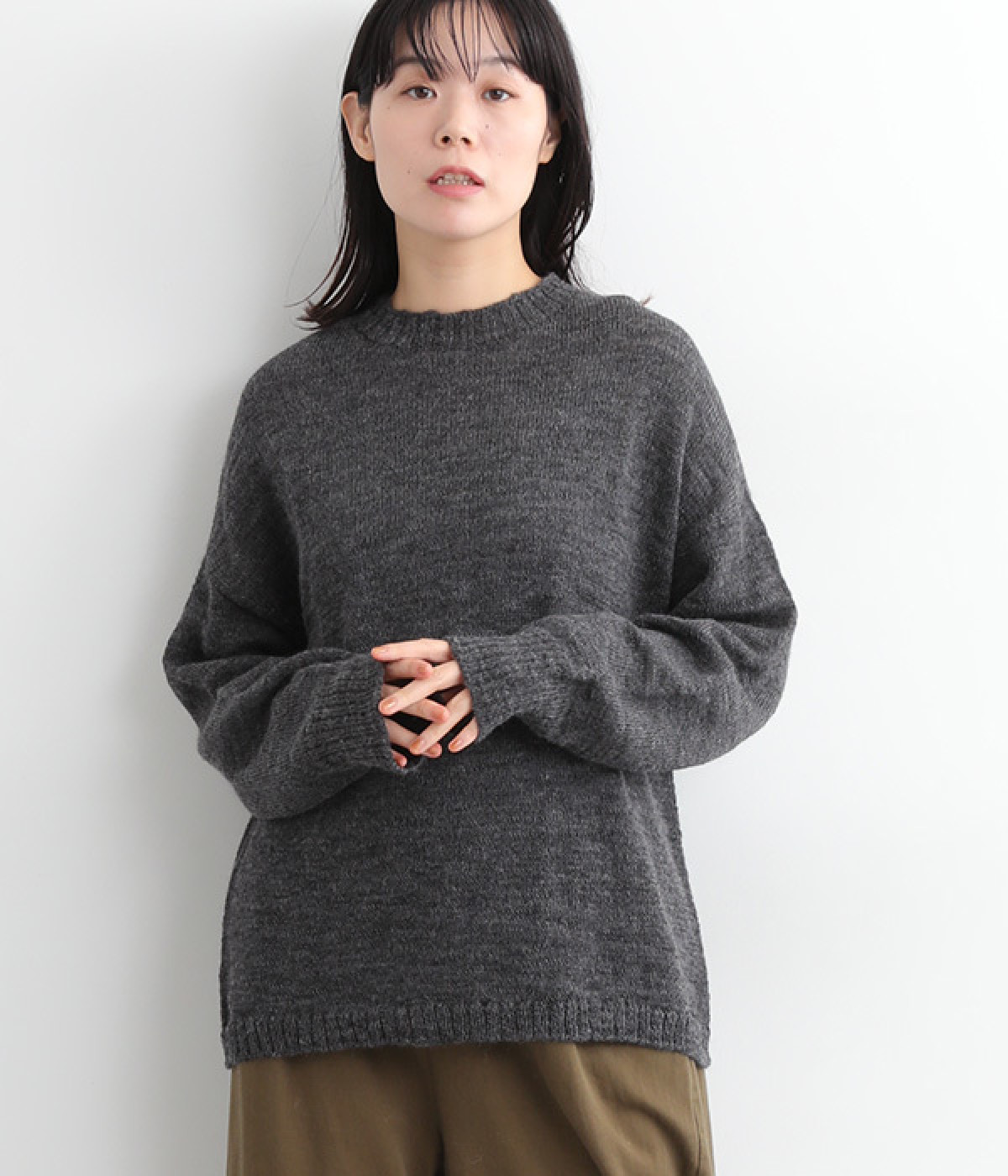 スラブニットロングTシャツ(チャコール-ONESIZE)