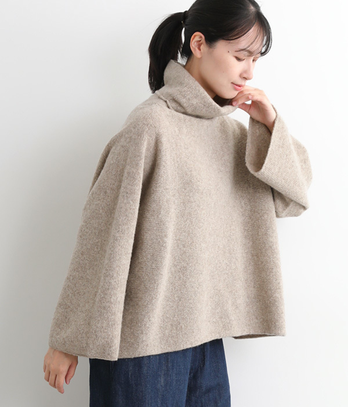 ナチュラルウールニット　横編みタートルプルオーバー(グレージュ-ONESIZE)