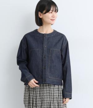 ノーカラーデニムジャケット(インディゴ-F)