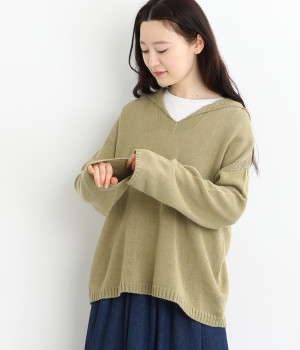 ヘンプコットンニットフードニットパーカー(カーキ-ONESIZE)