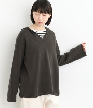 ヘンプコットンニットフードニットパーカー(スミ-ONESIZE)