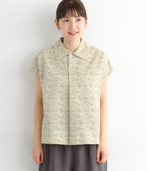 ローン塩縮加工襟付きオーバーブラウス(ベージュフラワー-ONESIZE)