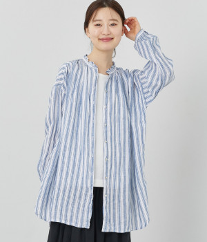 リネンボイルフリルチュニック(ブルーストライプ-ONESIZE)