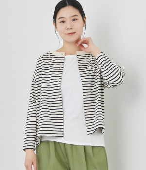 バスク天竺丸首長袖カーディガン(アイボリー×ネイビー-ONESIZE)