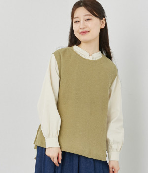 ヘンプコットン鹿の子柄フレアーベスト(カーキ-ONESIZE)