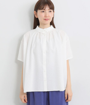 ローン塩縮加工重なり襟ギャザーブラウス(オフホワイト-ONESIZE)