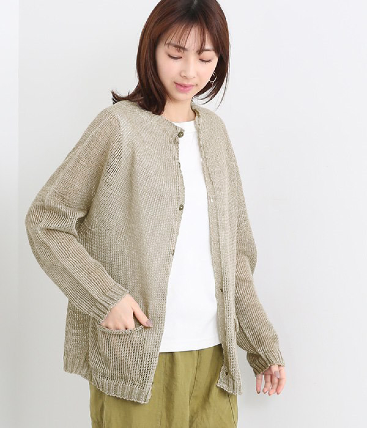 国産フレンチリネン100％ニット　求心編みカーデ(ナチュラル-ONESIZE)