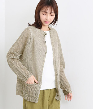 国産フレンチリネン100％ニット　求心編みカーデ(ナチュラル-ONESIZE)