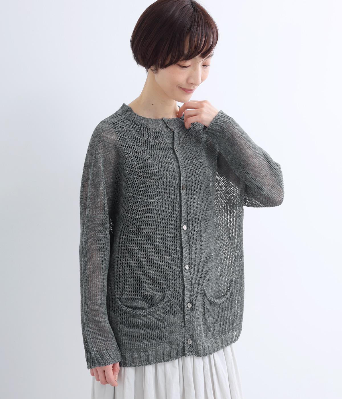 国産フレンチリネン100％ニット　求心編みカーデ(ダークブルー-F)