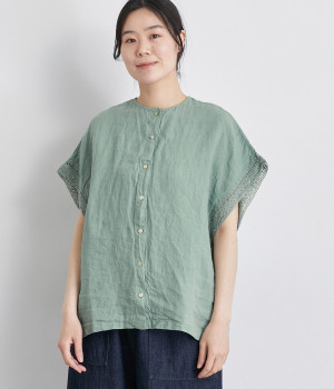 リネン袖レースブラウス(グレイッシュサックス-ONESIZE)