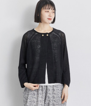 フレンチリネン100％ニットワイド2wayカーディガン(ブラック-ONESIZE)