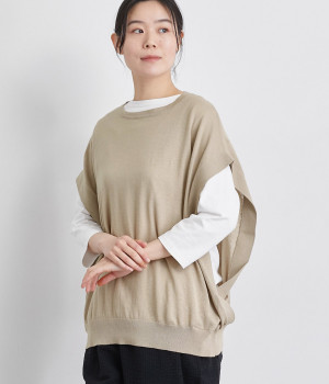 コットンリネンドロップショルダーニット(サンドベージュ-ONESIZE)