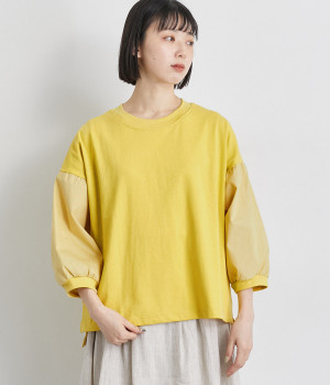 天竺袖布帛切替クルーネックプルオーバー(イエロー-ONESIZE)