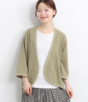 ライトインレイ×ツイル布帛切替7分袖カーディガン(ライトカーキ-ONESIZE)