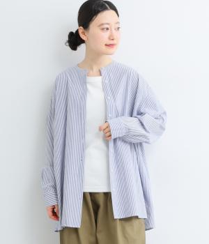 ワッシャーブロードバックギャザーチュニックブラウス(オフ×ブルーストライプ-F)